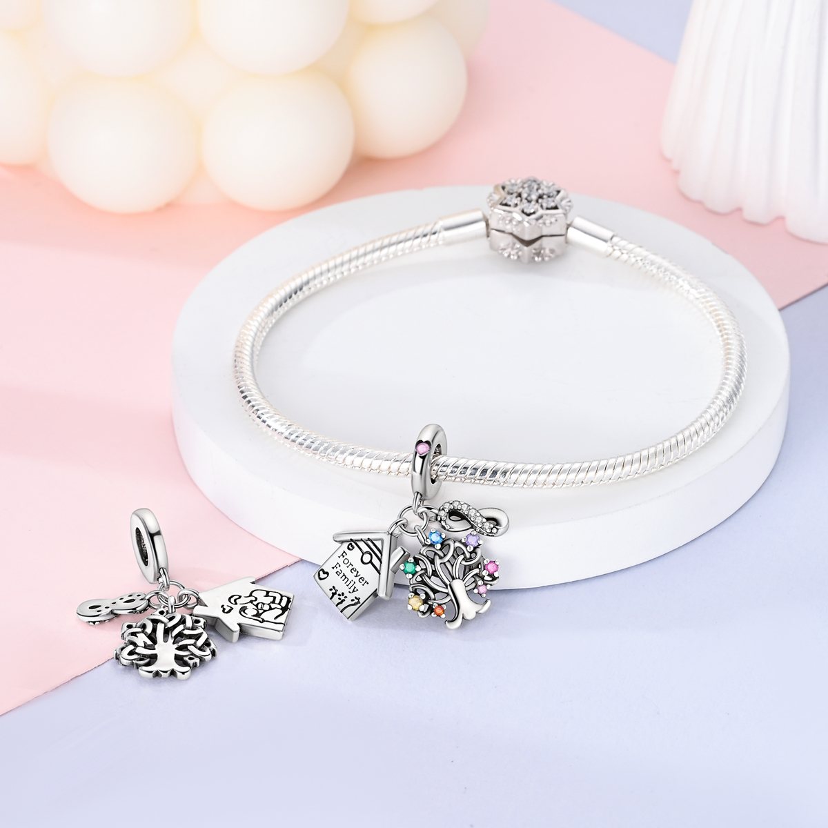 Életfa, otthon és Forever Family charm – ezüstözött