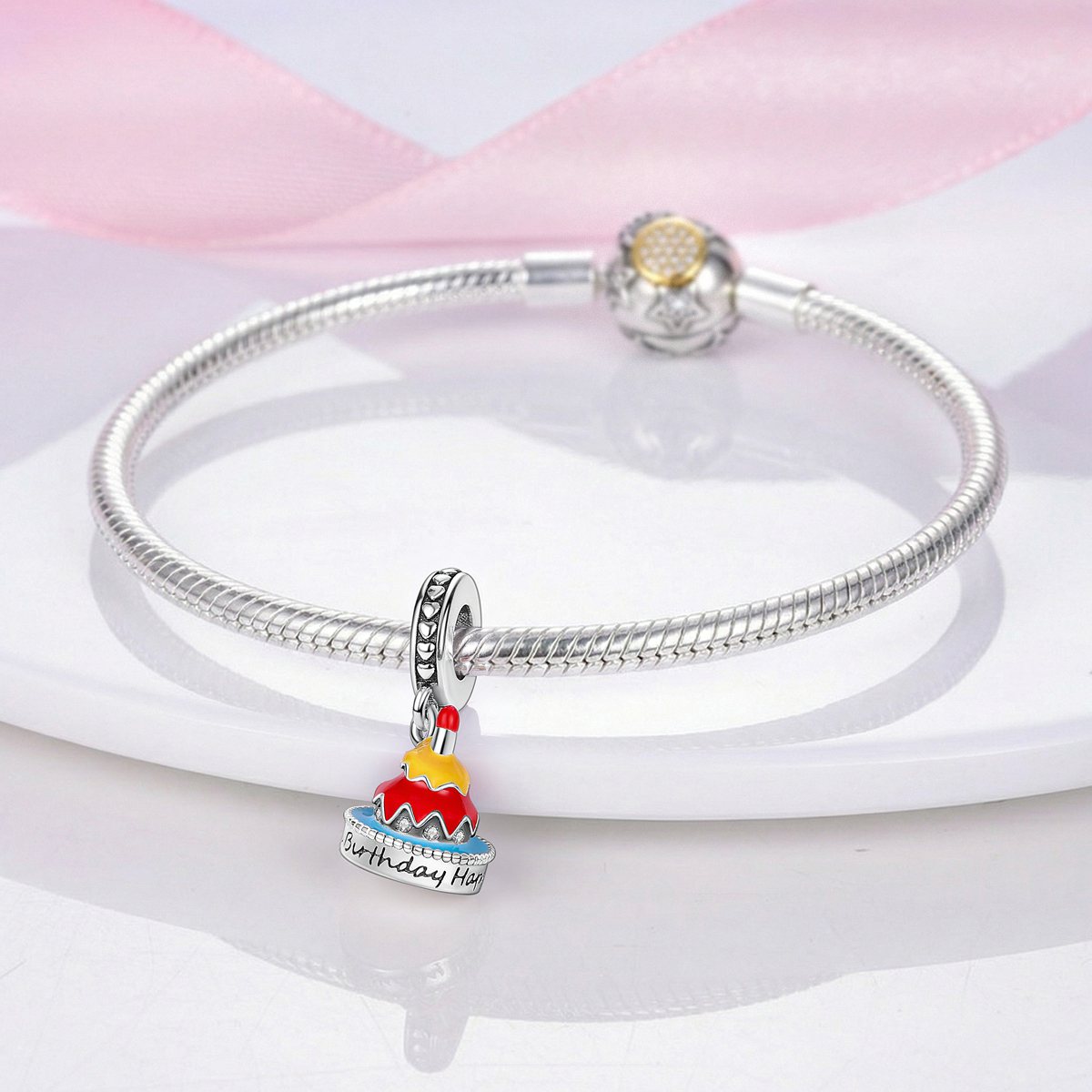 Happy Birthday torta charm – ezüstözött