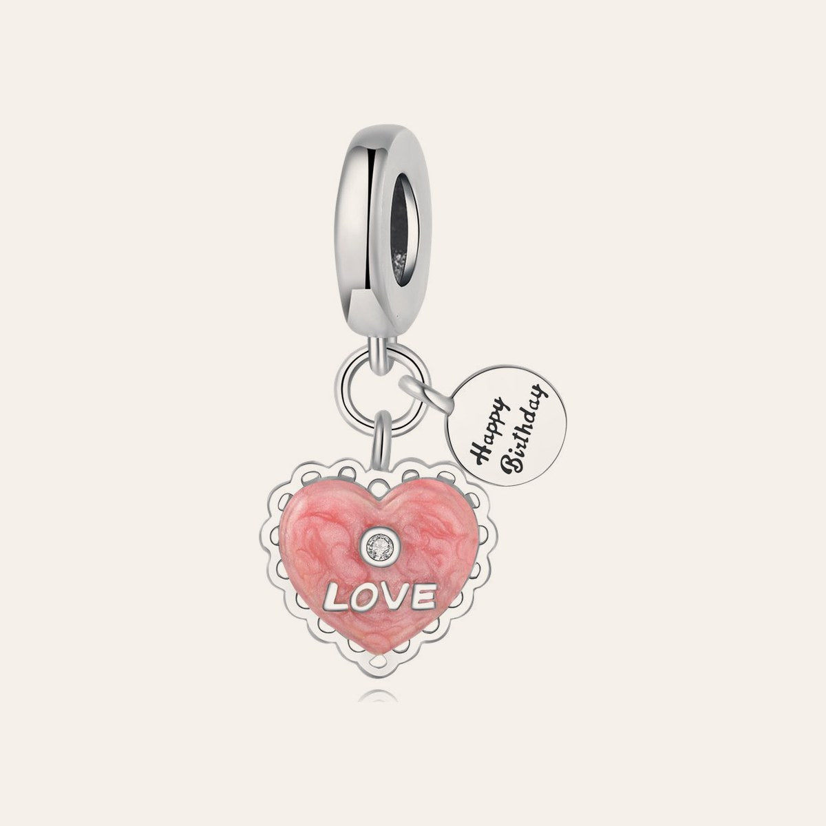 Happy Birthday LOVE szív charm – ezüstözött