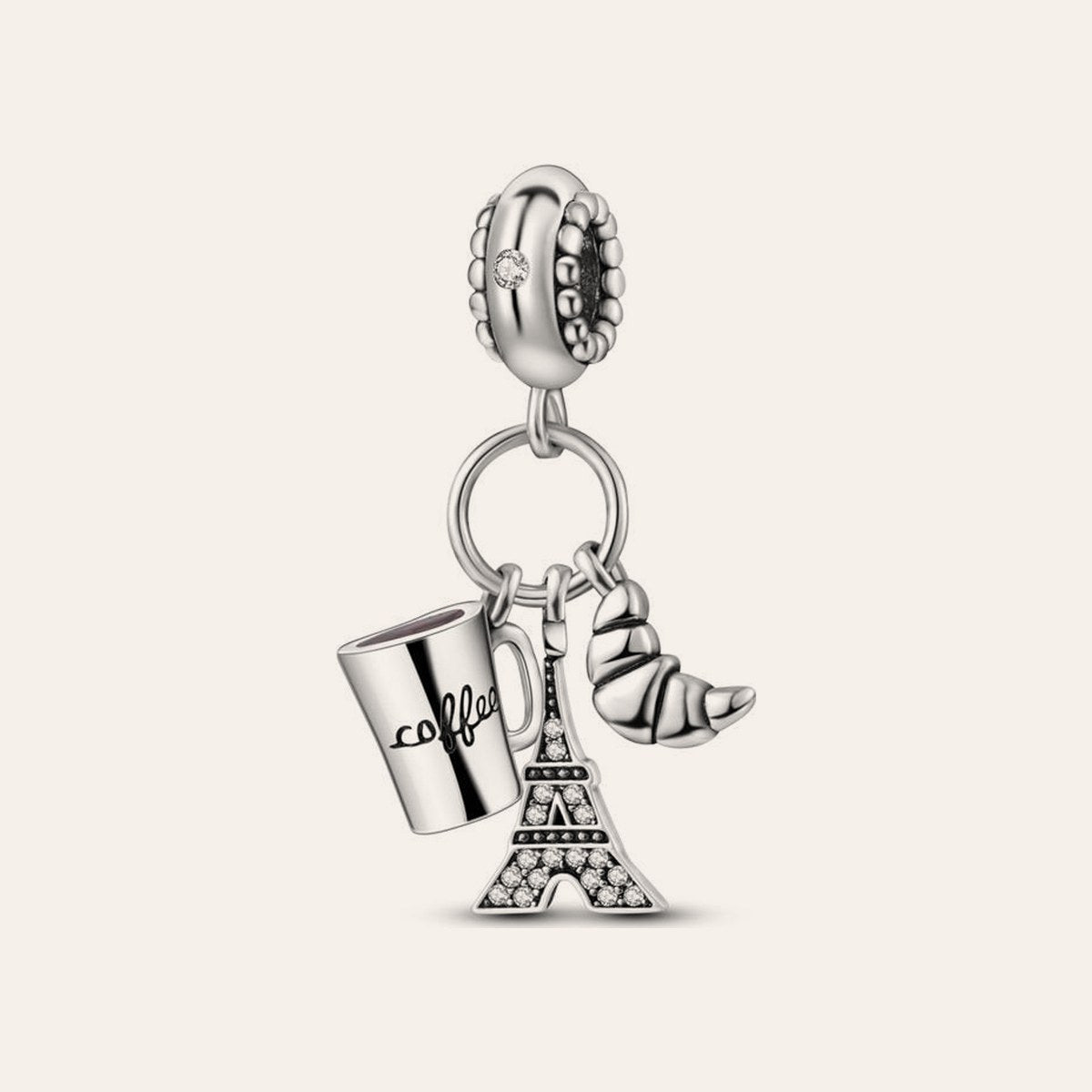 Kávé, croissant és Eiffel-torony charm – ezüstözött