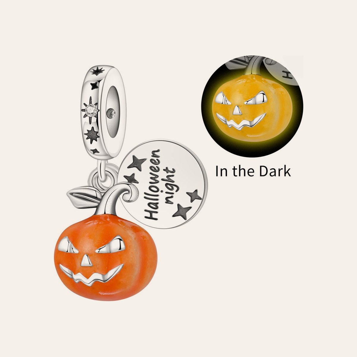 Sötétben világító Halloween tök charm – ezüstözött