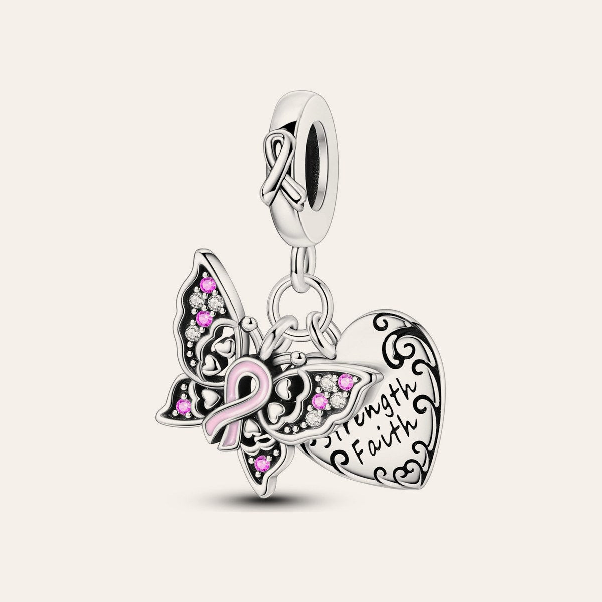 Strength & Faith pillangós szív charm – ezüstözött