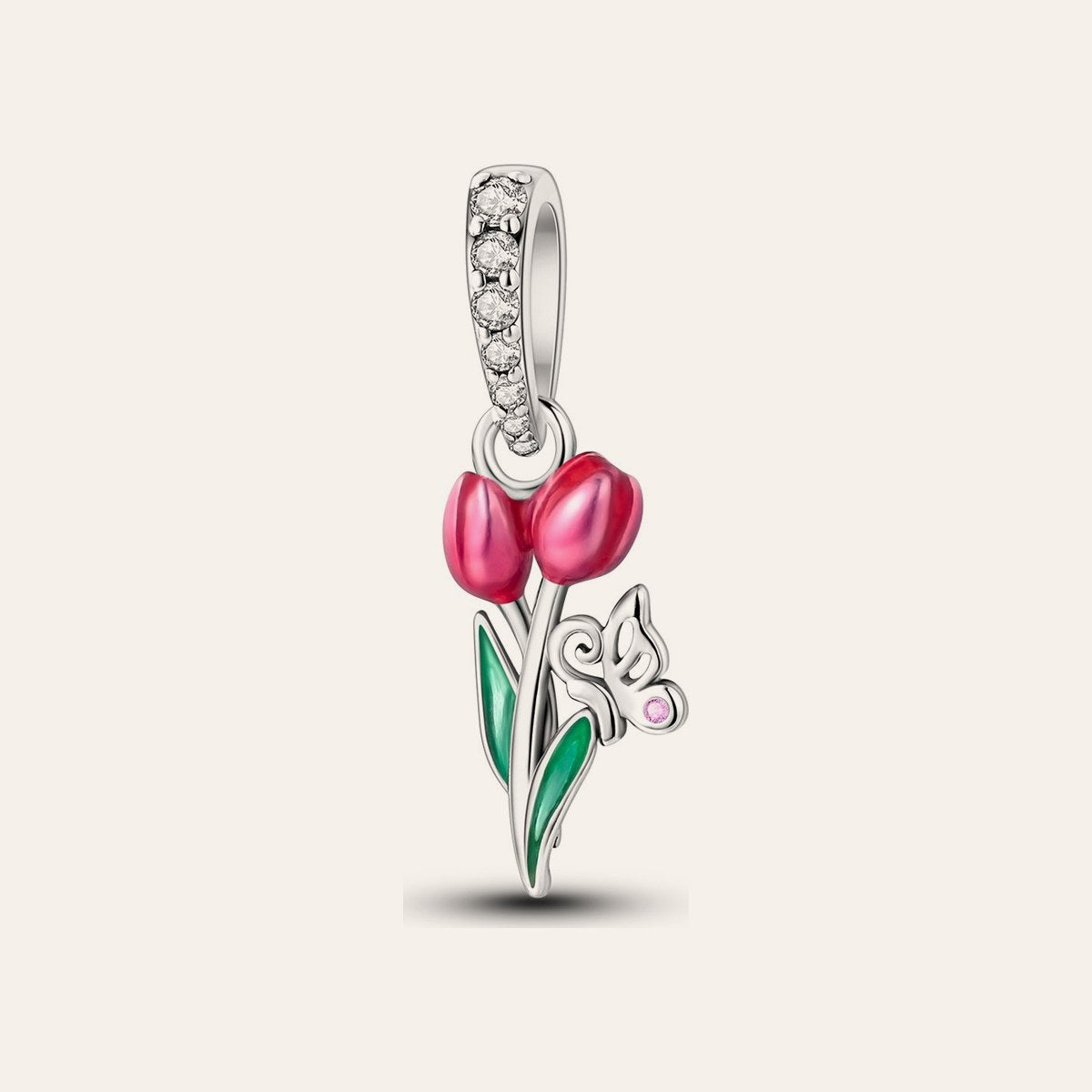 Tulipán és pillangó charm – ezüstözött