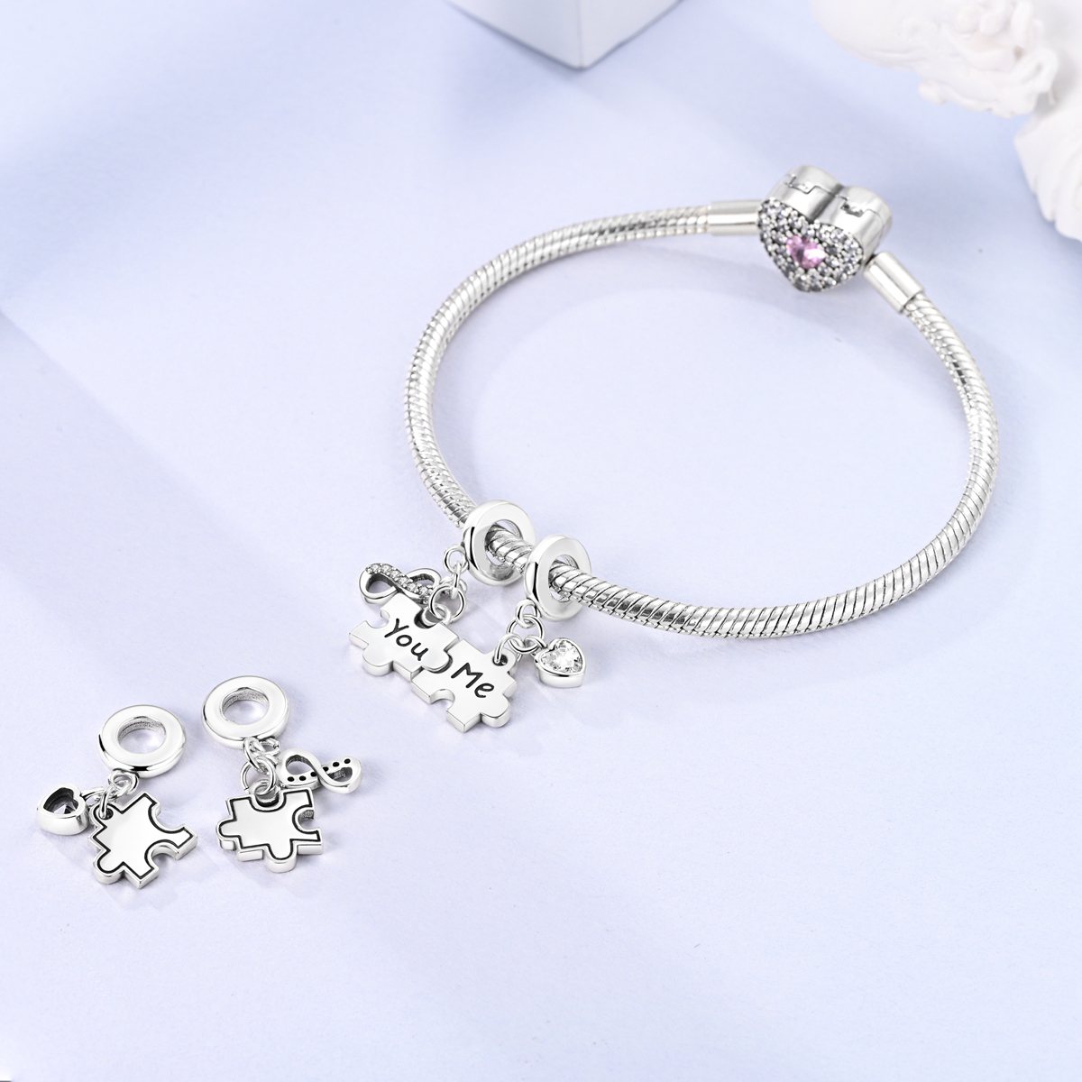You & Me puzzle charm – ezüstözött